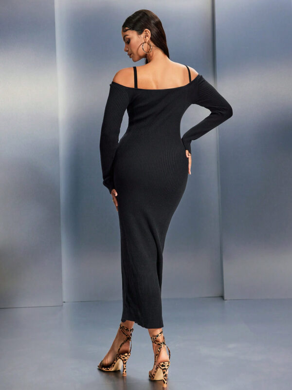 SHEIN SXY Robe pull longue en tricot élégante à manches longues et épaules dénudées, à nouer devant, de couleur unie pour femme – Image 3