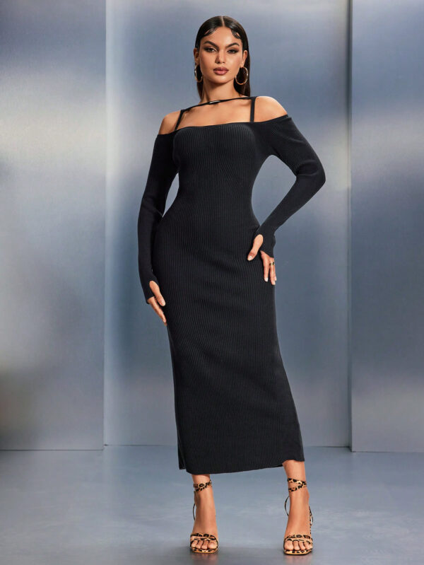 SHEIN SXY Robe pull longue en tricot élégante à manches longues et épaules dénudées, à nouer devant, de couleur unie pour femme – Image 5