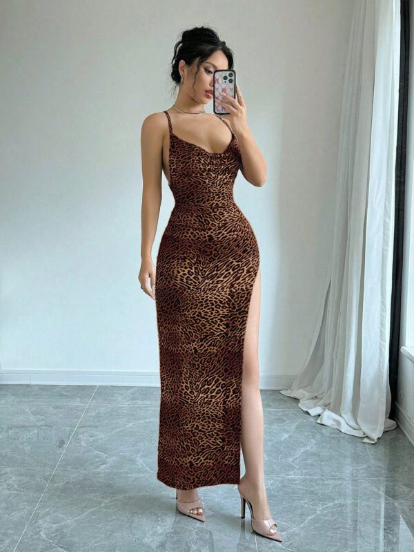 SHEIN MOOSTA Robe longue fendue dos nu avec col montant léopard sexy pour femmes – Image 4