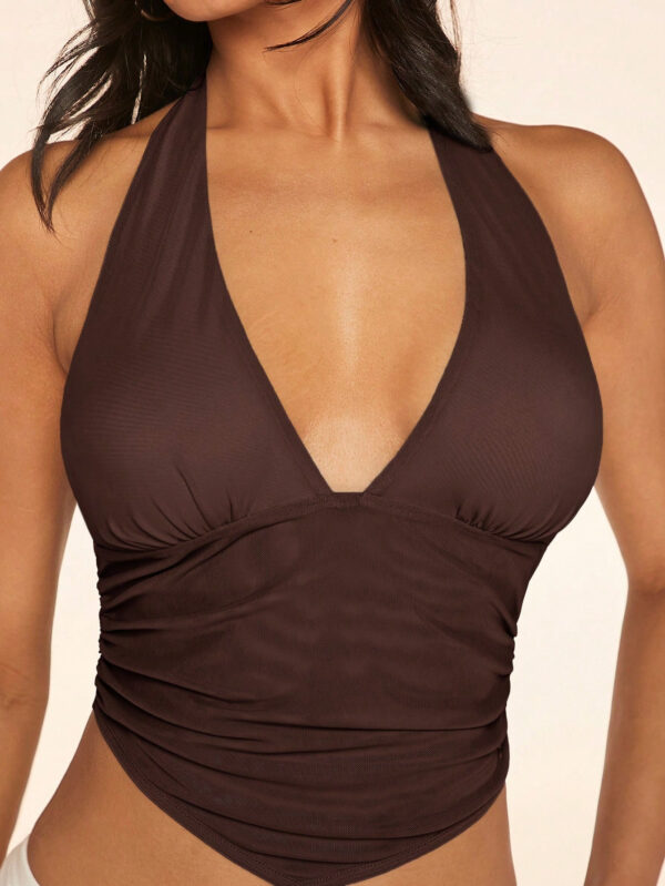 SHEIN BAE Sexy Backless Deep V Neck Gathered Midriff Bandeau Top, Versatile For Dating, Party, Club, Vacation, Music Festival – Image 8