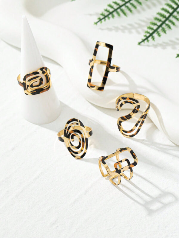 5 pièces Ensemble de bagues carrées et sexy avec motif léopard ajouré pour femmes – Image 6