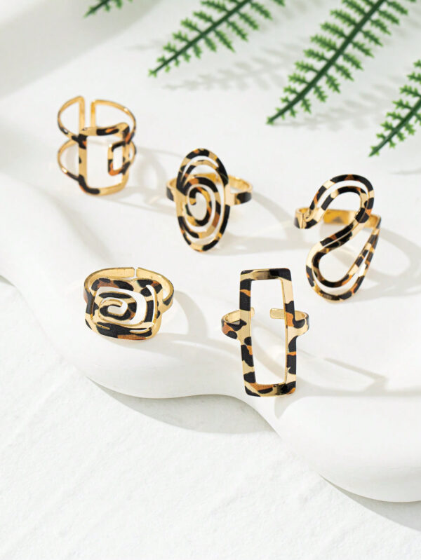 5 pièces Ensemble de bagues carrées et sexy avec motif léopard ajouré pour femmes – Image 10
