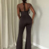 SHEIN Slayr Nouveau élégant pantalon évasé ajusté avec boutons japonais diamant sur le col en ras-du-cou. Combinaison slim femme marron pour soirée, usage quotidien et rendez-vous – Image 2