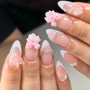 Rehaussez votre style avec 24 pièces d'ongles pressés en amande longs, ensemble d'ongles faux avec design de nœud rose, comprenant 1 pièce de colle jelly et 1 pièce de lime à ongles, pour la décoration d'ongles par les femmes et les filles fournitures d'ongles