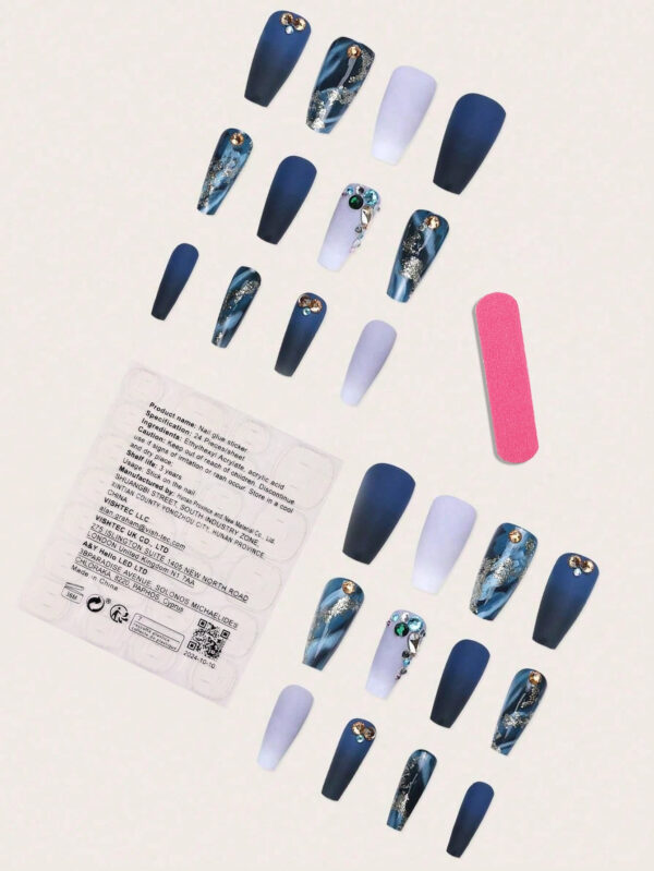 Mettez à jour votre look avec 24 pièces Kit d'ongles pour pression esthétique Y2K Long Coffin 3D décoré de strass, ongles artificiels en couverture complète fausses ongles. Matériel de manucure – Image 3