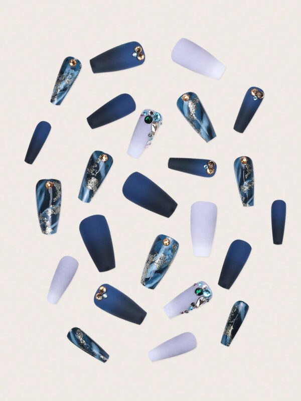 Mettez à jour votre look avec 24 pièces Kit d'ongles pour pression esthétique Y2K Long Coffin 3D décoré de strass, ongles artificiels en couverture complète fausses ongles. Matériel de manucure – Image 4