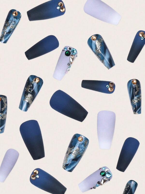 Mettez à jour votre look avec 24 pièces Kit d'ongles pour pression esthétique Y2K Long Coffin 3D décoré de strass, ongles artificiels en couverture complète fausses ongles. Matériel de manucure – Image 5