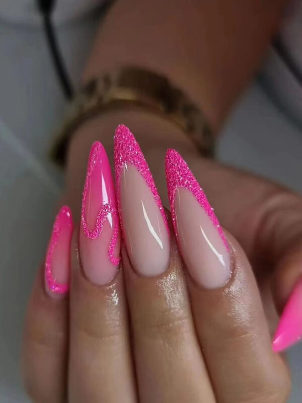 24 pièces Faux ongles roses brillants pour femmes avec forme longue pointue, avec adhésif et lime à ongles, ongles pressés, fournitures pour ongles