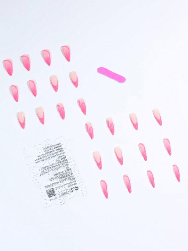 24 pièces Faux ongles roses brillants pour femmes avec forme longue pointue, avec adhésif et lime à ongles, ongles pressés, fournitures pour ongles – Image 2