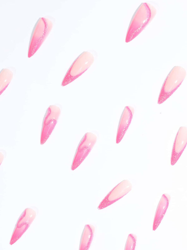 24 pièces Faux ongles roses brillants pour femmes avec forme longue pointue, avec adhésif et lime à ongles, ongles pressés, fournitures pour ongles – Image 3