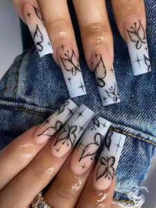 Nail Art de danseuse avec papillons et étoiles dégradée rose et bleu de style français 24 pièces + 1 pièce de colle en gelée + 1 pièce de lime à ongles, Ongles press-on, Fournitures d'ongles