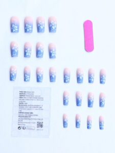 24 pièces Ongles faux imprimé feuille bleue de fleur de cerisier doux avec une couleur blanche française pour un port quotidien des femmes & 1 pièce Kit de faux ongles complet & 1 kit d'autocollant de colle pour ongles pour fille mère femme cadeau et fournitures pour ongles et en gros, ensemble d'art d'ongle blanchissant avec ongles faux détachables pour festival, fête, rendez-vous et pression à ongles pour port quotidien. – Image 6