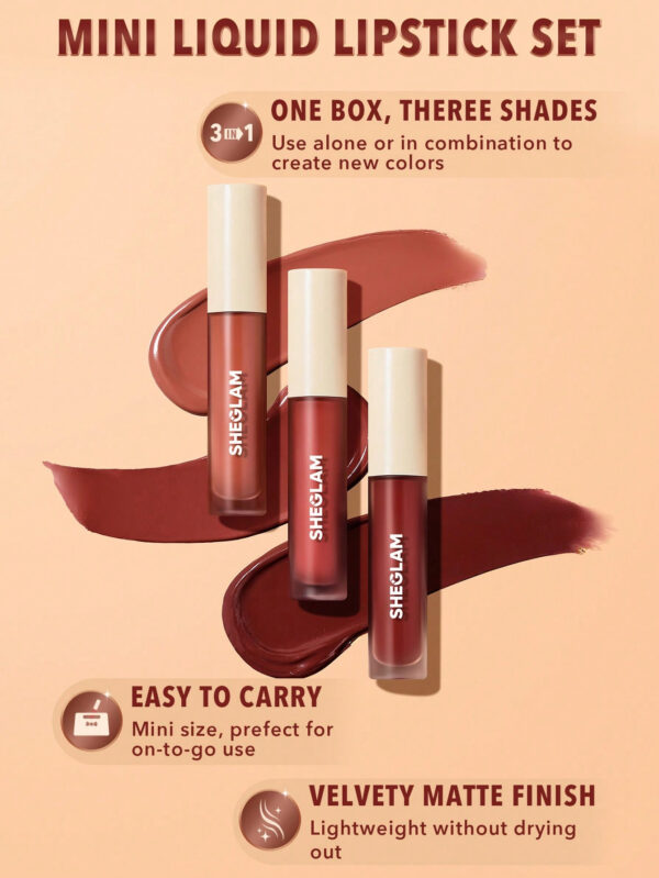 SHEGLAM Ensemble Mini Rouge À LèVres Liquide Mat Allure - Private Tour 3Pcs/Set Rouge À LèVres Et Nourrissant À L'Huile De Tournesol, RéDuisant Les Fines Lignes Des LèVres, Ensemble De Voyage De Rouge À LèVres Liquide     NoëL Cadeau De NoëL Hiver Thanksgiving DéCoration De NoëL Maquillage FÊTe Plage Voyage Vacances Rose Y1275K Saint-Valentin DéCor Amour Cadeau Hiver Maquillage FÊTe Plage Voyage Vacances Rose Y2K Promos Offres Camping ExtéRieur PréSent Rose Mode Fille Nouvelle AnnéE CosméTique Cosplayer Meilleur Voyage FêTes Couleur Fantaisie Campus éCole Charme Ambiance Cny Nouvel An Chinois – Image 7