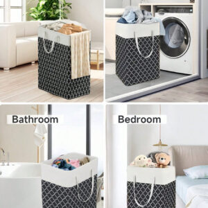 1 pièce Panier à linge en canevas + 3 pièces Sac à linge + 1 pièce Set de tapis à repasser, grande taille avec long manche, panier de stockage de vêtements sales en bâche, panier de rangement de vêtements minimaliste, sac polypropylène pliable multi-usages, grand panier pour vêtements sales, convient pour la salle de bain, la chambre, le salon, le stockage de jouets, le rangement à la maison