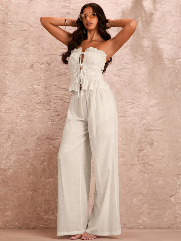 SHEIN BAE Femme romantique vacances d'été plage Sexy haut bandeau blanc unicolore sans manches avec bretelles à couches multiples, bordures en dentelle et à volants – Image 2