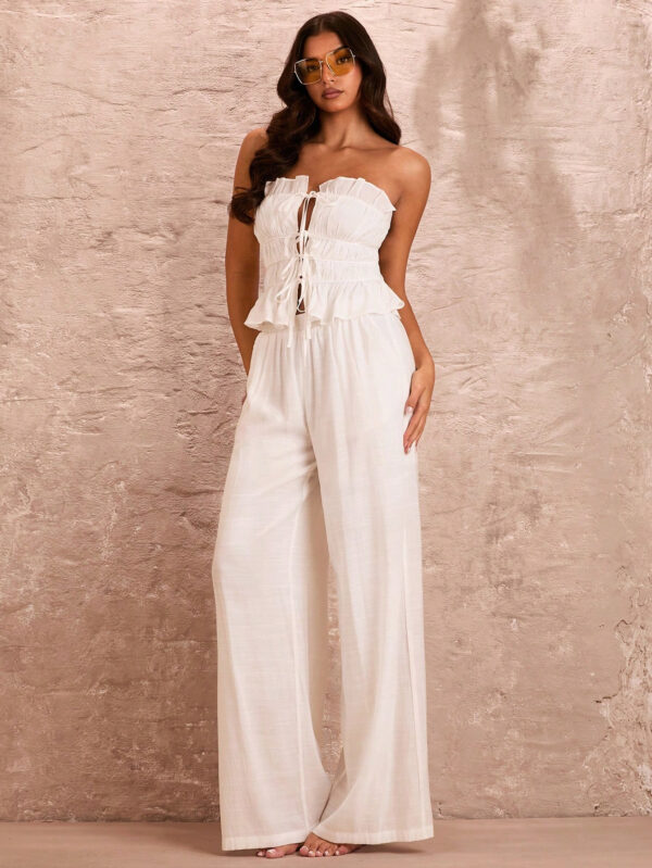 SHEIN BAE Femme romantique vacances d'été plage Sexy haut bandeau blanc unicolore sans manches avec bretelles à couches multiples, bordures en dentelle et à volants – Image 7