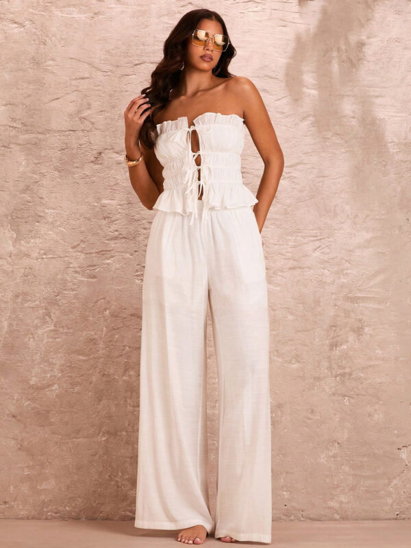 SHEIN BAE Femme romantique vacances d'été plage Sexy haut bandeau blanc unicolore sans manches avec bretelles à couches multiples, bordures en dentelle et à volants – Image 8