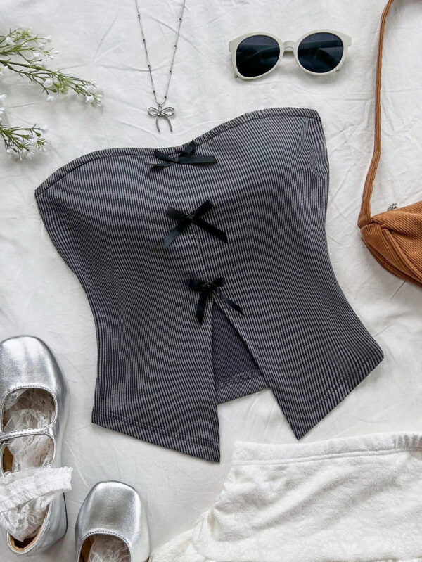 SHEIN Dreamara Top tube tricoté pour vacances pour femmes, style casual et ajusté, décoré d'un nœud chic au centre avant, fente avant à l'ourlet, pour soirée ou thé de l'après-midi, superposition pour automne/hiver