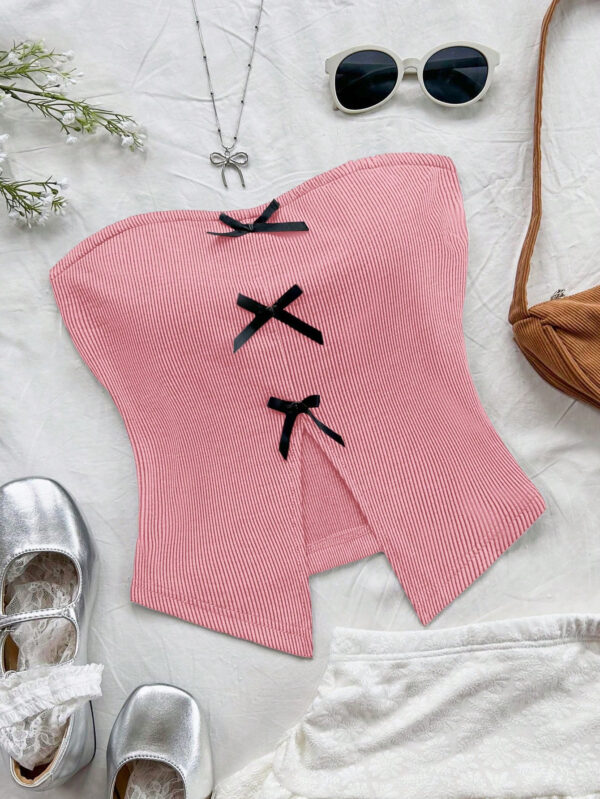 SHEIN Dreamara Top tube tricoté pour vacances pour femmes, style casual et ajusté, décoré d'un nœud chic au centre avant, fente avant à l'ourlet, pour soirée ou thé de l'après-midi, superposition pour automne/hiver – Image 2