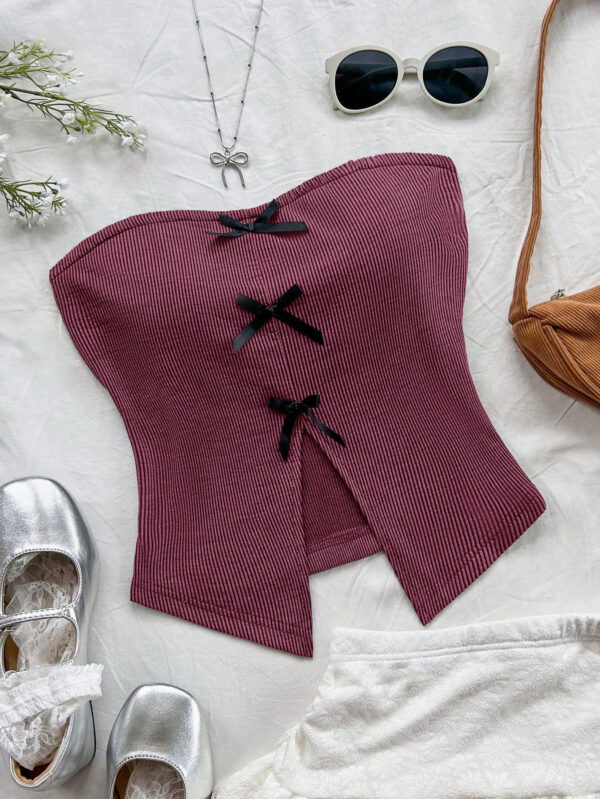 SHEIN Dreamara Top tube tricoté pour vacances pour femmes, style casual et ajusté, décoré d'un nœud chic au centre avant, fente avant à l'ourlet, pour soirée ou thé de l'après-midi, superposition pour automne/hiver – Image 3