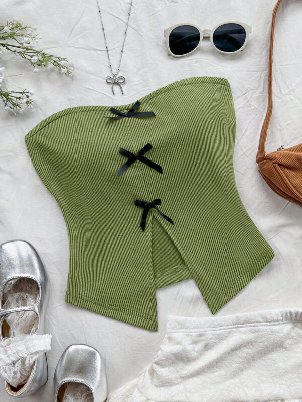 SHEIN Dreamara Top tube tricoté pour vacances pour femmes, style casual et ajusté, décoré d'un nœud chic au centre avant, fente avant à l'ourlet, pour soirée ou thé de l'après-midi, superposition pour automne/hiver – Image 4