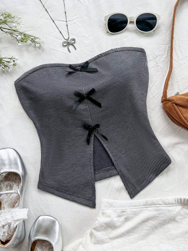 SHEIN Dreamara Top tube tricoté pour vacances pour femmes, style casual et ajusté, décoré d'un nœud chic au centre avant, fente avant à l'ourlet, pour soirée ou thé de l'après-midi, superposition pour automne/hiver – Image 7