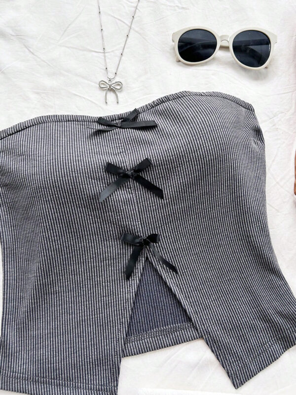 SHEIN Dreamara Top tube tricoté pour vacances pour femmes, style casual et ajusté, décoré d'un nœud chic au centre avant, fente avant à l'ourlet, pour soirée ou thé de l'après-midi, superposition pour automne/hiver – Image 9