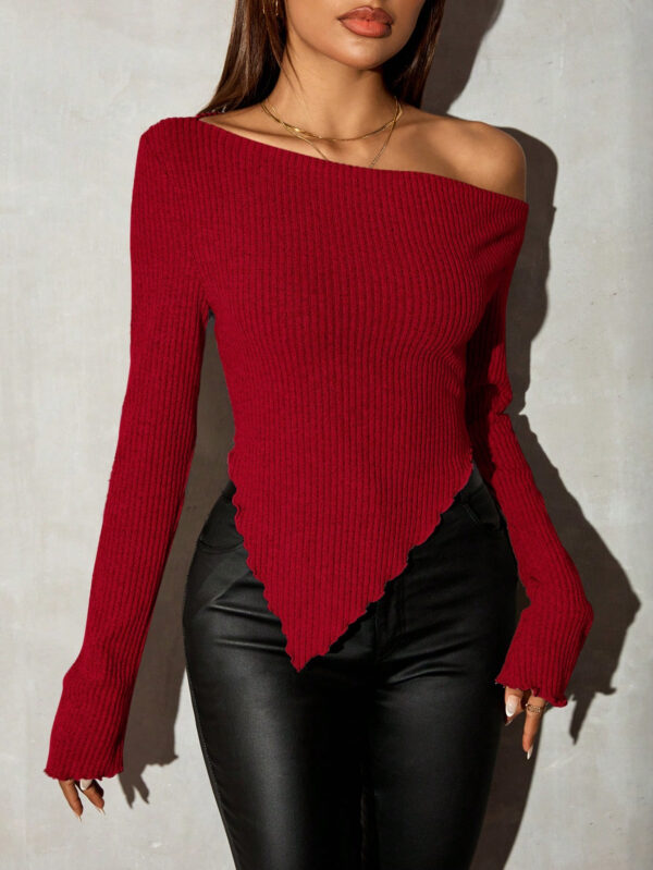 SHEIN SXY T-shirt côtelé au col asymétrique style grunge, hauts de sortie pour femmes en automne – Image 8