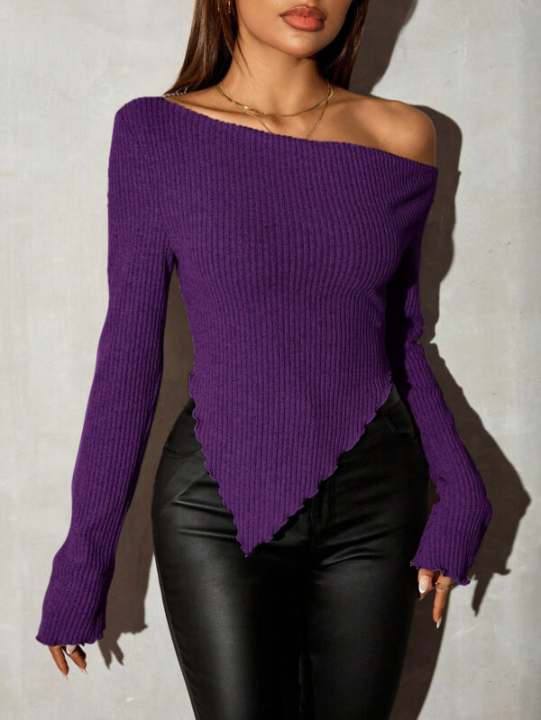 SHEIN SXY T-shirt côtelé au col asymétrique style grunge, hauts de sortie pour femmes en automne – Image 10
