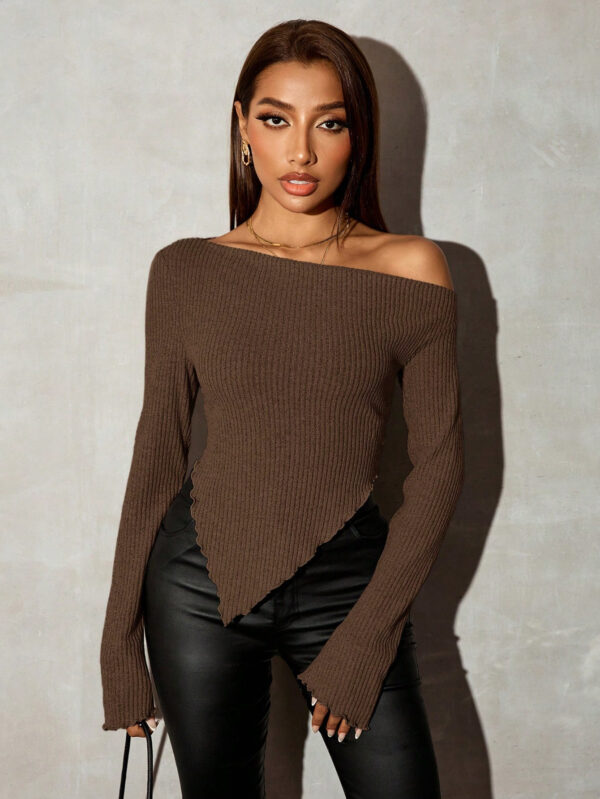 SHEIN SXY T-shirt côtelé au col asymétrique style grunge, hauts de sortie pour femmes en automne – Image 16
