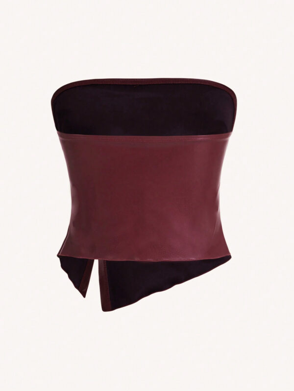 Siren Gaze Top en cuir rouge bordeaux pour femme, à volants asymétriques à l'ourlet , convient pour sortir et les fêtes. Top bandeau court en cuir PU avec fente sur le côté et volants, idéal comme Top de Noël – Image 6