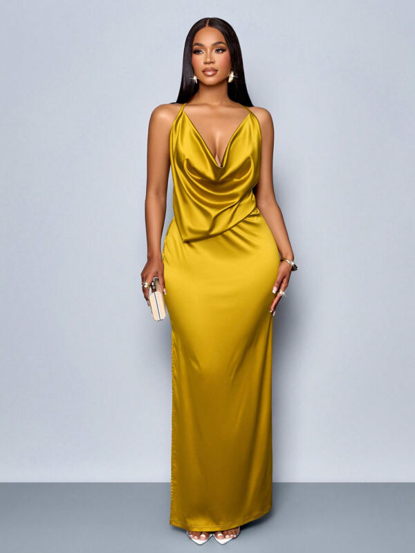 SOLERSUN Convient pour le Noël, les vacances et les rendez-vous. Robe moulante élégante en satin à col drapé sans dos et fente haute, couleur unie. Parfait pour la Saint-Valentin