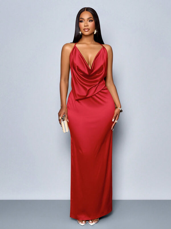 SOLERSUN Convient pour le Noël, les vacances et les rendez-vous. Robe moulante élégante en satin à col drapé sans dos et fente haute, couleur unie. Parfait pour la Saint-Valentin – Image 2