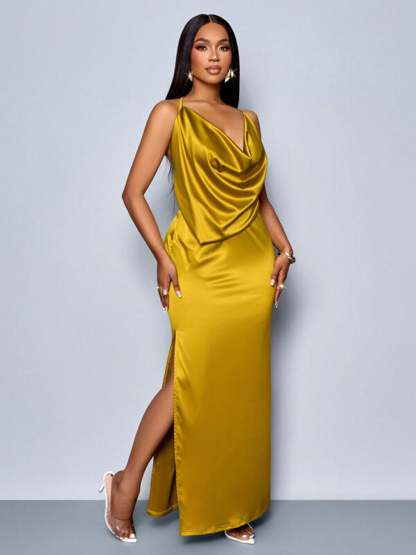 SOLERSUN Convient pour le Noël, les vacances et les rendez-vous. Robe moulante élégante en satin à col drapé sans dos et fente haute, couleur unie. Parfait pour la Saint-Valentin – Image 6