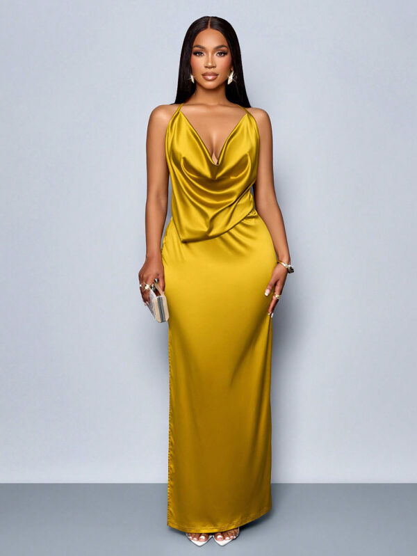 SOLERSUN Convient pour le Noël, les vacances et les rendez-vous. Robe moulante élégante en satin à col drapé sans dos et fente haute, couleur unie. Parfait pour la Saint-Valentin – Image 8