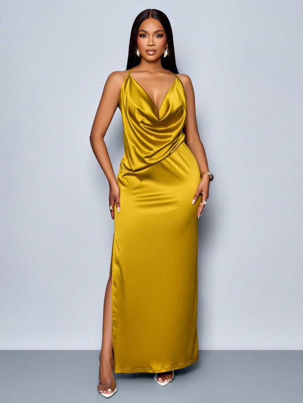 SOLERSUN Convient pour le Noël, les vacances et les rendez-vous. Robe moulante élégante en satin à col drapé sans dos et fente haute, couleur unie. Parfait pour la Saint-Valentin – Image 9