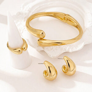 3pcs/Set Minimalist Metallic Geometric Teardrop Polished Bracelet, Ring And Earrings Jewelry Set For Women