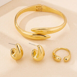 3pcs/Set Minimalist Metallic Geometric Teardrop Polished Bracelet, Ring And Earrings Jewelry Set For Women