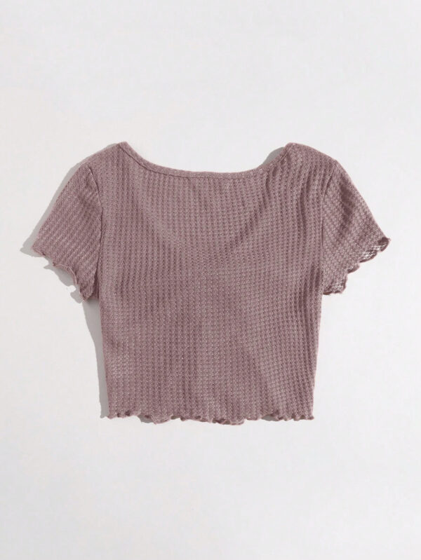 SHEIN EZwear T-shirt à manches courtes, col en V, à nervures, avec nœud devant, en tricot gaufré à bords ondulés – Image 10