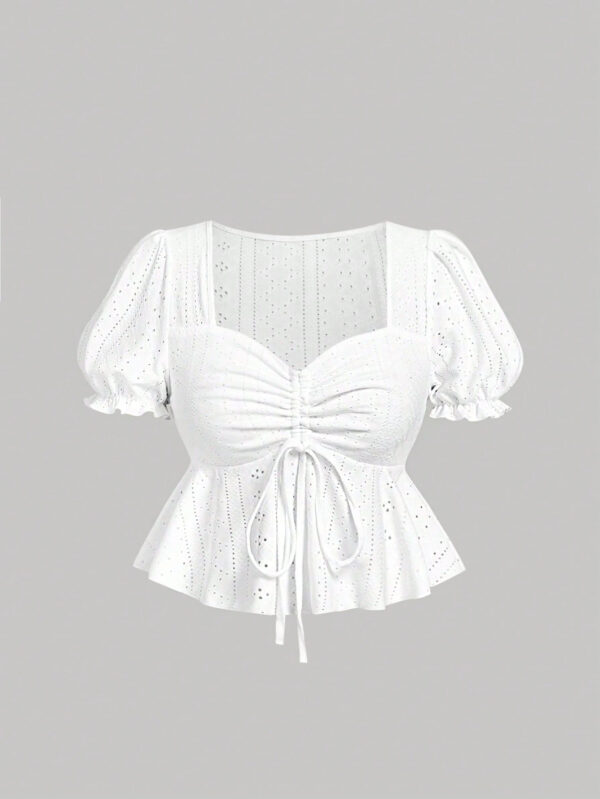 SHEIN MOD T-shirt blanc à encolure en cœur, manches bouffantes, taille cintrée, ourlet à volants, en tissu texturé