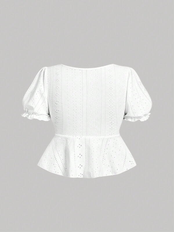 SHEIN MOD T-shirt blanc à encolure en cœur, manches bouffantes, taille cintrée, ourlet à volants, en tissu texturé – Image 2