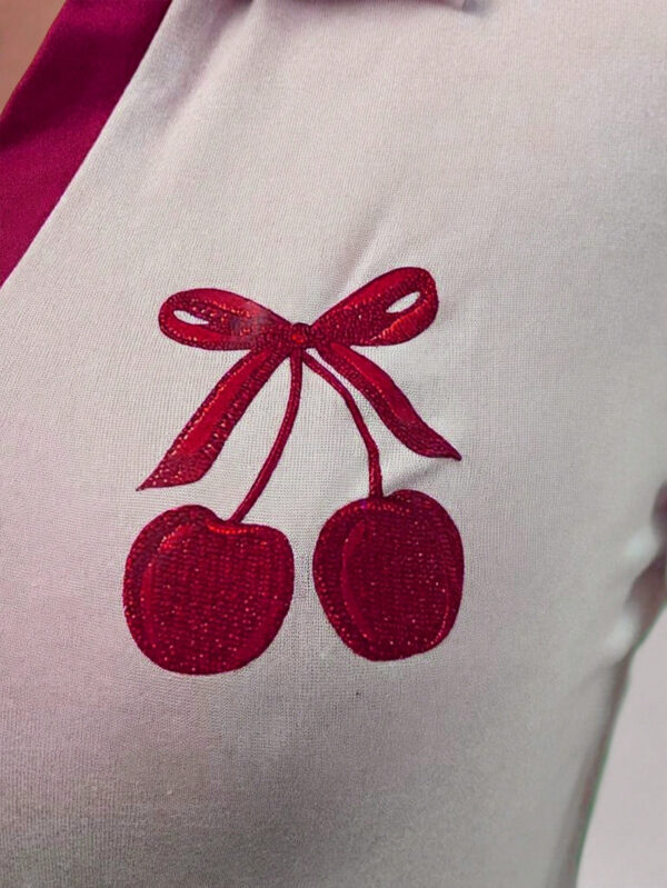 INAWLY T-shirt décontracté à col à revers, manches courtes, motif de cerises bicolores pour femmes – Image 4