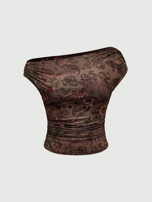ROMWE Fairycore Vintage Chemise moulante pour femmes à col bénitier avec imprimé de maille de lianes de fée