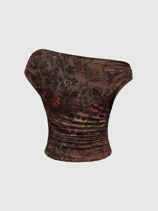 ROMWE Fairycore Vintage Chemise moulante pour femmes à col bénitier avec imprimé de maille de lianes de fée – Image 2