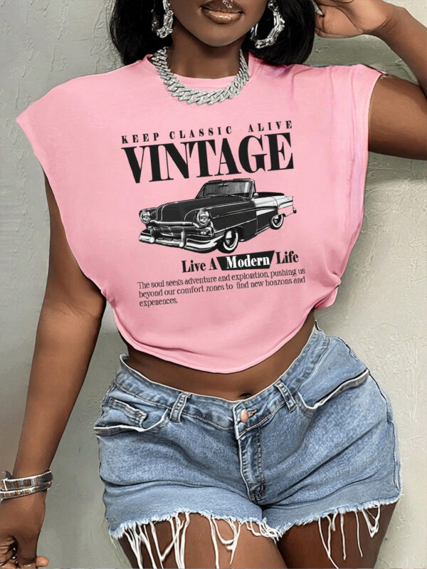 SHEIN Slayr T-shirt ample à col rond, imprimé de lettres sur voiture rétro, style vintage décontracté. Convient pour l'été.