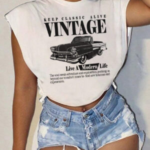 SHEIN Slayr T-shirt ample à col rond, imprimé de lettres sur voiture rétro, style vintage décontracté. Convient pour l'été.