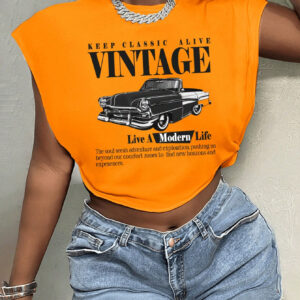 SHEIN Slayr T-shirt ample à col rond, imprimé de lettres sur voiture rétro, style vintage décontracté. Convient pour l'été.