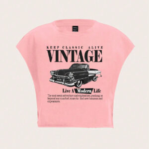 SHEIN Slayr T-shirt ample à col rond, imprimé de lettres sur voiture rétro, style vintage décontracté. Convient pour l'été.