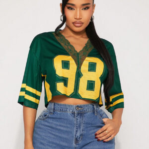 SHEIN SXY T-shirt court en maille avec imprimé numérique vert jaunâtre, patchwork de dentelle. Top de jersey de sport, à porter pour des événements saisonniers comme la Saint-Patrick. Vêtement polyvalent pour le printemps/été et le style streetwear casual