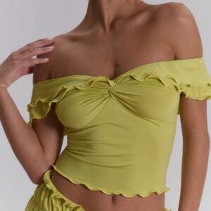 MUSERA Top ajusté à volants d'épaules dénudées, sexy, boho, pour le printemps et l'été. Idéal pour les vacances à Ibiza, les festivals et la plage.